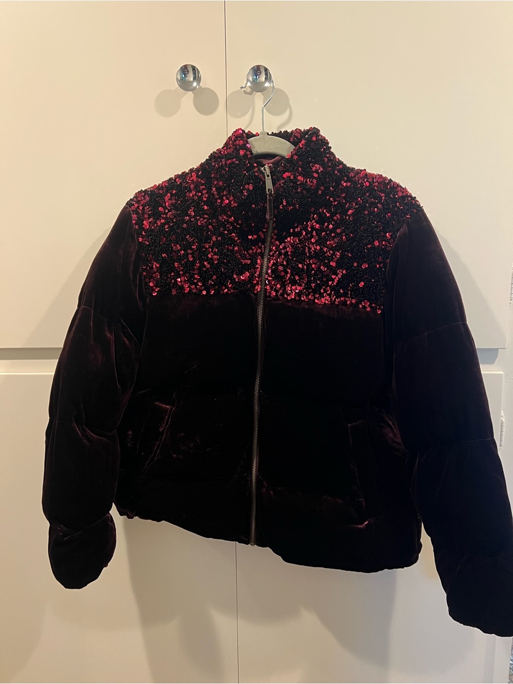 Anthropologie Velvet Puffer Jacket with Burgundy Sequin Yoke